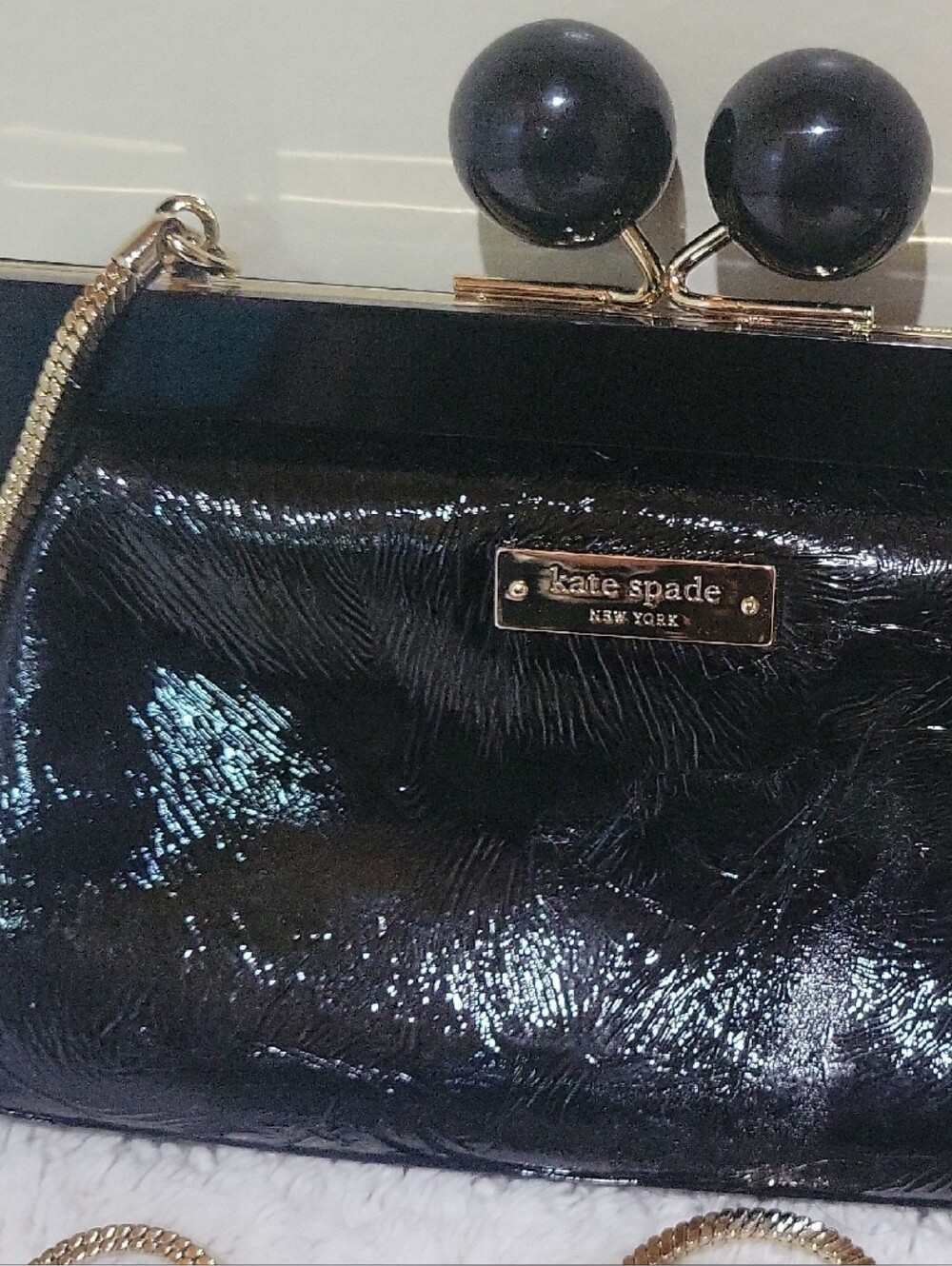 kate spade RARE Black Patent Leather Kisslock Clutch With Gold Crossbody Chain